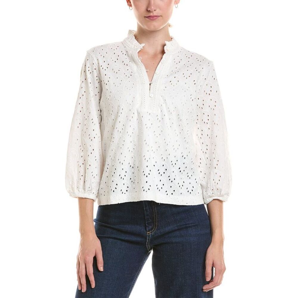 Nic+Zoe Womens  Petite Knit Eyelet Ruffle Neck Top, White